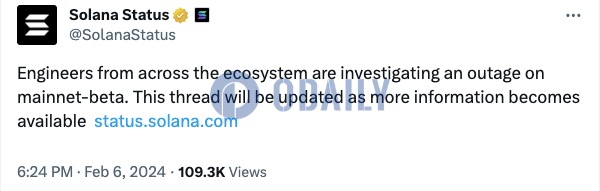 Solana：确认主网测试版宕机，正在调查该问题