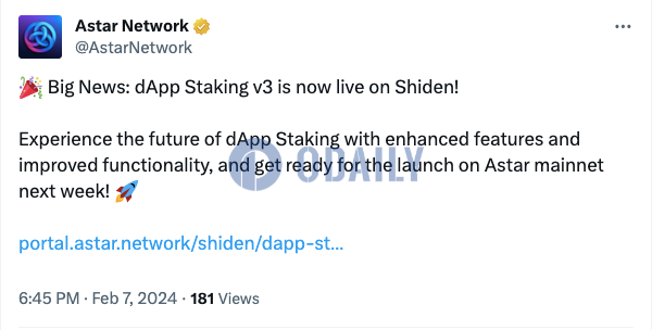 Astar Network：dApp Staking V3已上线Shiden，拟于下周上线主网