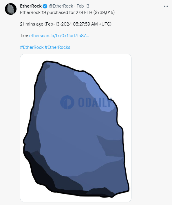 EtherRock 19以279 ETH价格成交，创2024年迄今最高NFT交易额记录