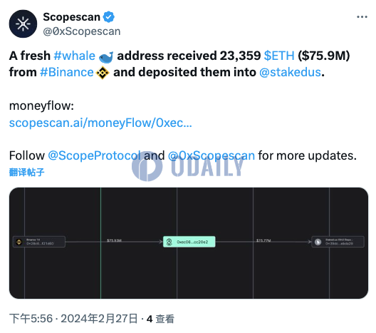 新鲸鱼地址从币安收到23359枚ETH并存入Staked