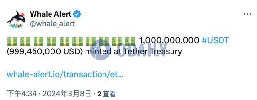 Tether在以太坊网络新增印钞10亿枚USDT