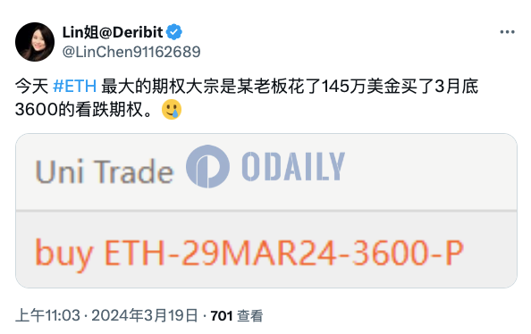 Deribit上今日最大ETH期权大宗买入3月底3600美元看跌期权