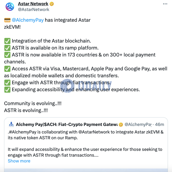 Astar Network：Alchemy Pay已集成Astar zkEVM