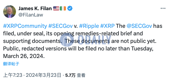 SEC下周将提交Ripple诉讼案救济措施开庭简报公开版本