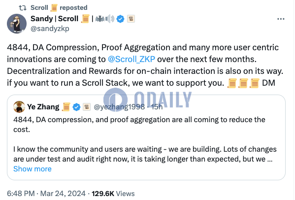 Scroll联创：未来几个月内将推出4844、DA Compression、证明聚合等新功能