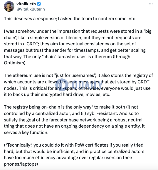 Vitalik：Farcaster将请求信息存储在CRDT中，以提升安全性和可扩展性