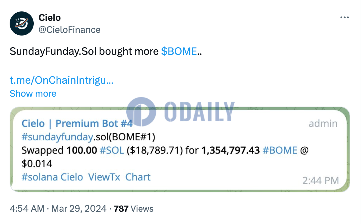 BOME持仓大户SundayFunday.Sol再次购入135.4万代币