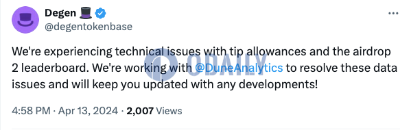 Degen：打赏和空投数据出现技术问题，正与Dune合作解决