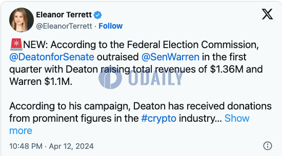 加密律师John Deaton Q1竞选资金达136万美元，超过反加密议员Warren