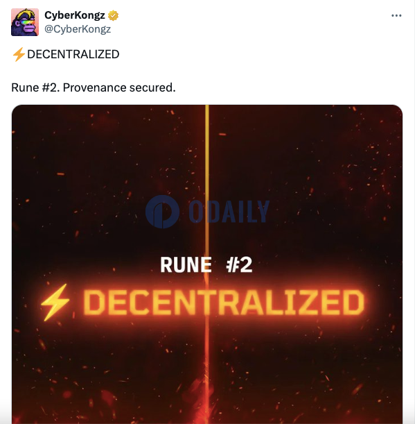 CyberKongz部署2号符文，其Pre-Rune系列Prometheans地板价暂报0.0594 BTC