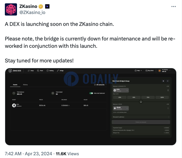 ZKasino：即将推出ZKAS DEX，桥接目前正在维护