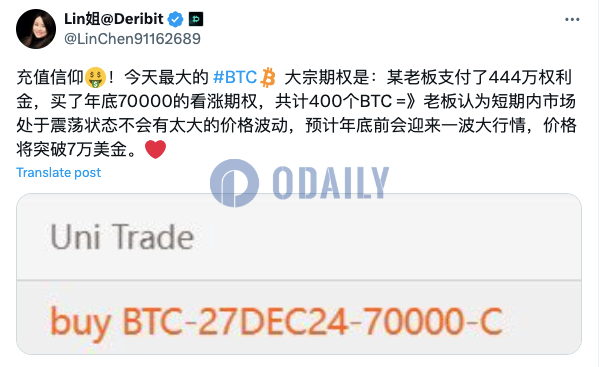 Deribit上BTC期权大宗买入400枚BTC的年底7万美元看涨期权