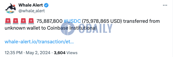 近7600万枚USDC从未知钱包转至Coinbase Institutional