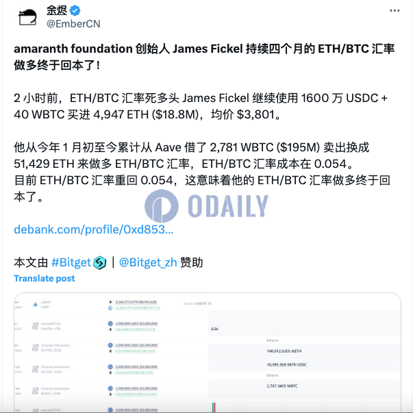 ETH/BTC汇率坚定多头James Fickel 2小时前再度买入4947枚ETH